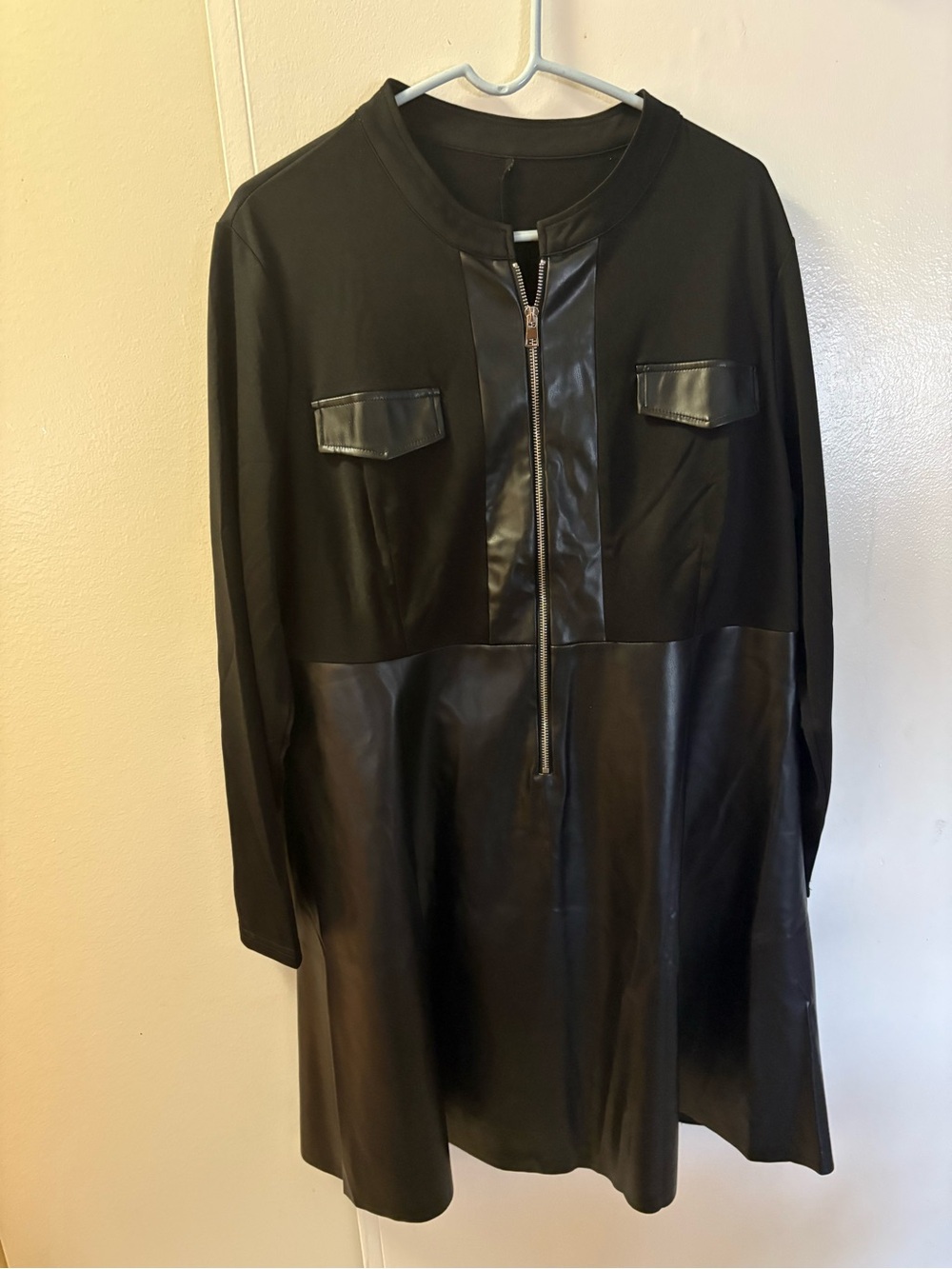Black Faux Leather Panel Longline Women's Jacket Dress